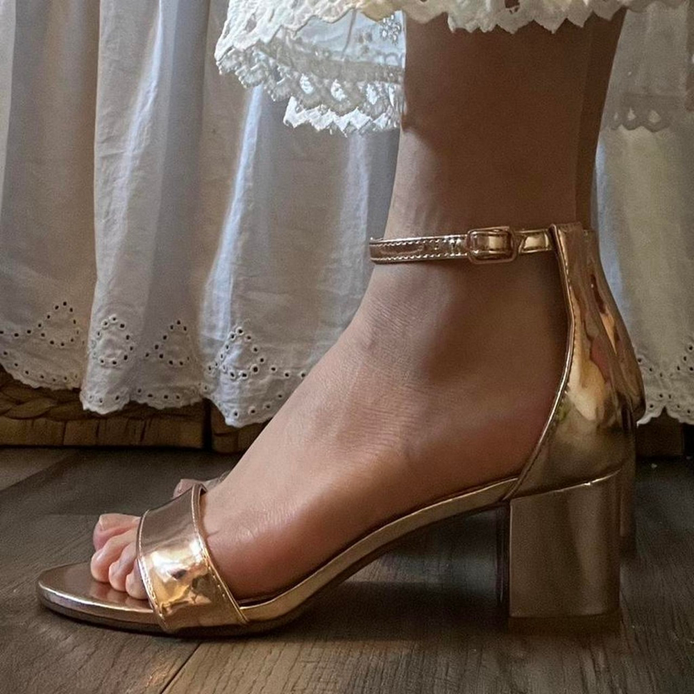Rose gold metallic heels with strappy detail and block heel